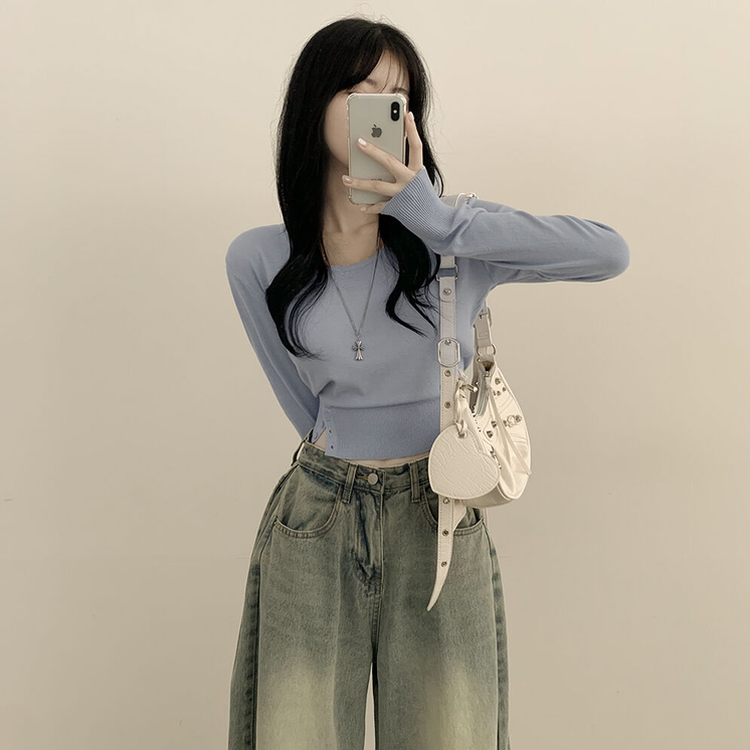 여리핏 카리나 스트라이프 단가라 무지 허리잘록 크롭니트 소라