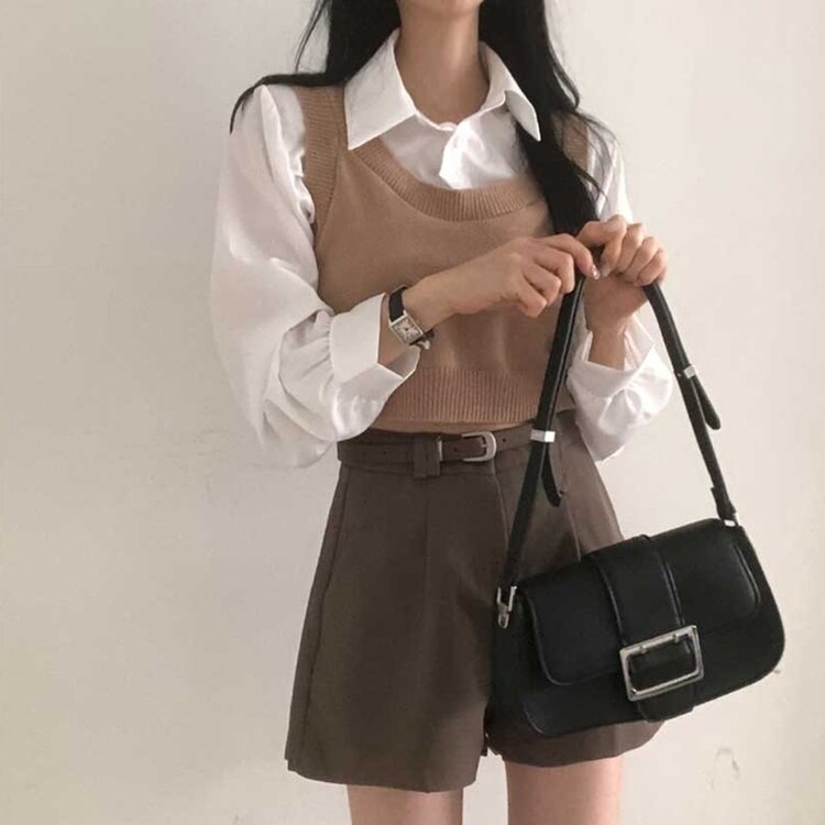 【SET】クロップシャツ＋ニットベスト BEIGE