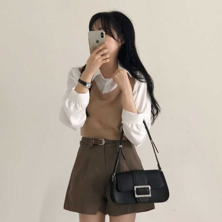 【SET】クロップシャツ＋ニットベスト BEIGE