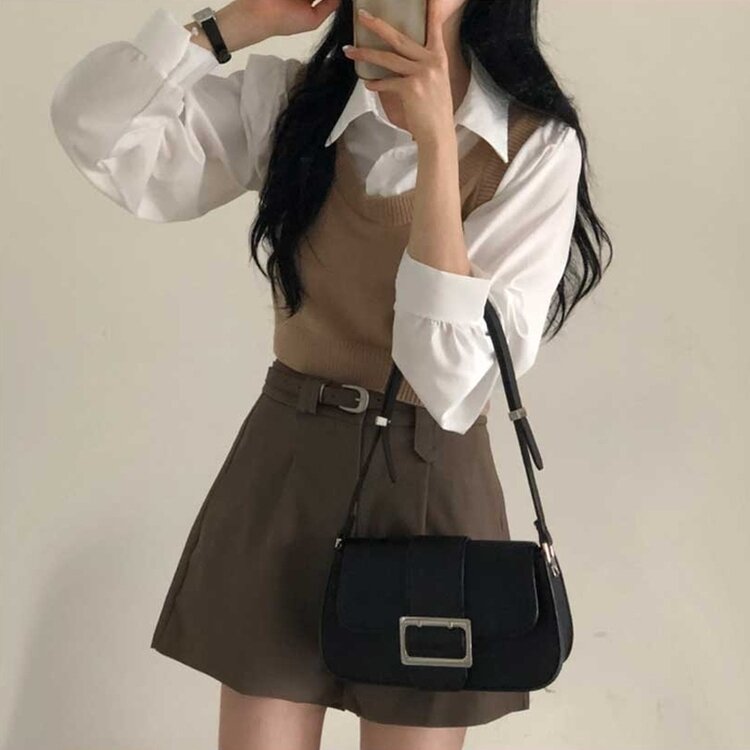 【SET】クロップシャツ＋ニットベスト BEIGE