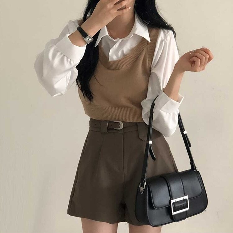 【SET】クロップシャツ＋ニットベスト BEIGE