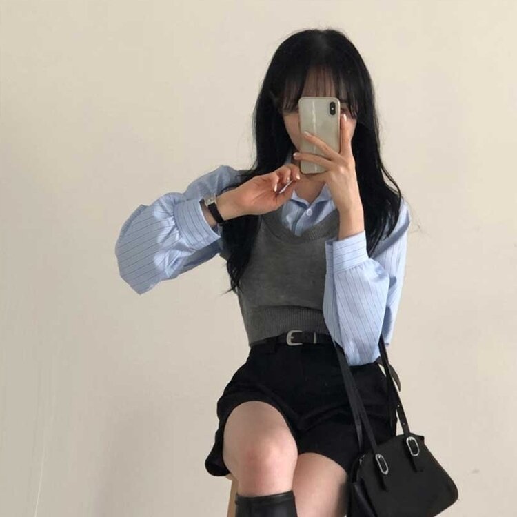 【SET】クロップシャツ＋ニットベスト GRAY