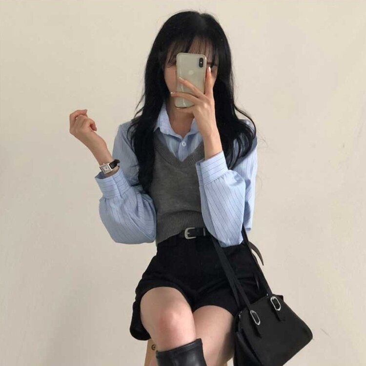 【SET】クロップシャツ＋ニットベスト GRAY