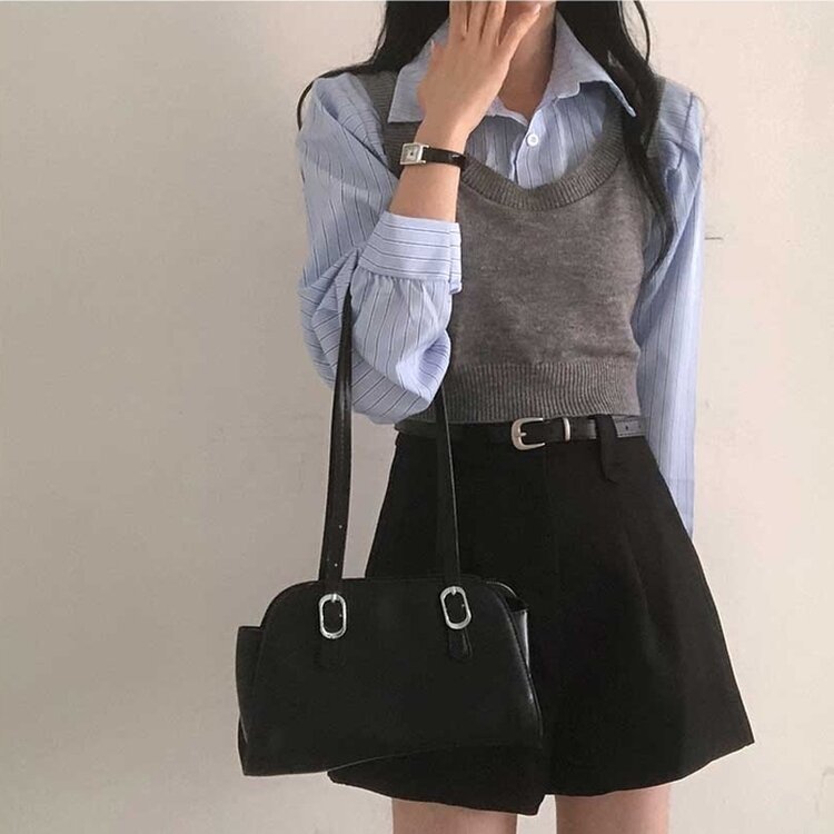 【SET】クロップシャツ＋ニットベスト GRAY
