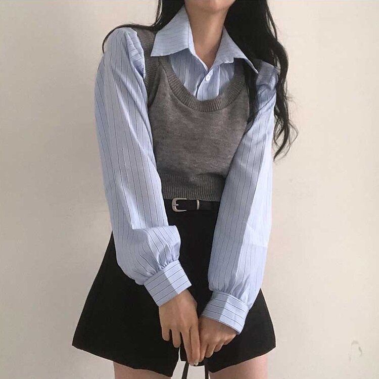 【SET】クロップシャツ＋ニットベスト GRAY