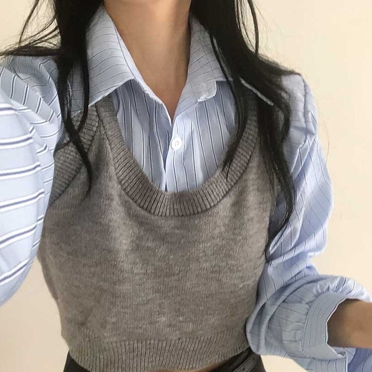 【SET】クロップシャツ＋ニットベスト GRAY