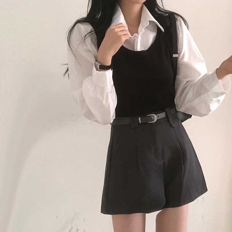 【SET】クロップシャツ＋ニットベスト BLACK