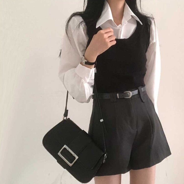 【SET】クロップシャツ＋ニットベスト BLACK