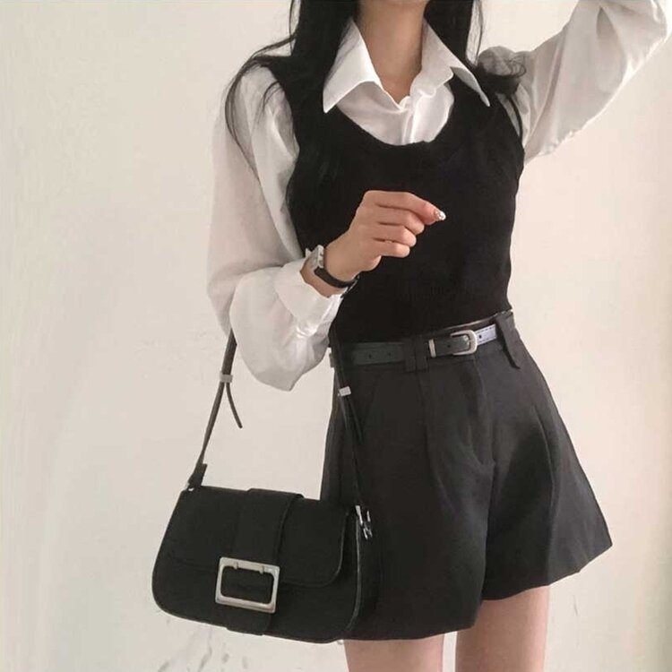 【SET】クロップシャツ＋ニットベスト BLACK