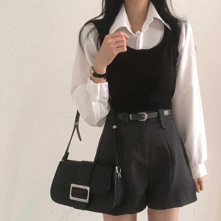 【SET】クロップシャツ＋ニットベスト BLACK