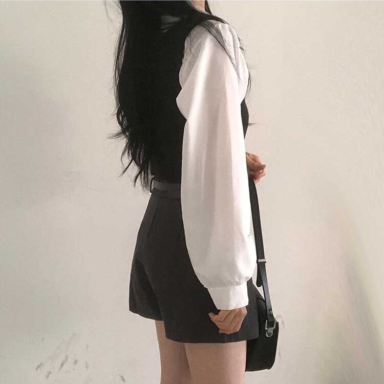 【SET】クロップシャツ＋ニットベスト BLACK