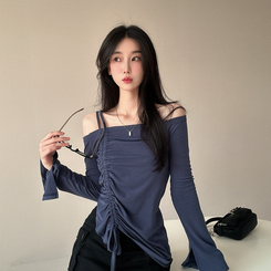 長袖Tシャツ スリーブストリングオフショルダー Steel blue