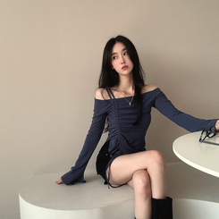 長袖Tシャツ スリーブストリングオフショルダー Steel blue