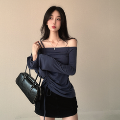 長袖Tシャツ スリーブストリングオフショルダー Steel blue