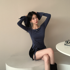 長袖Tシャツ スリーブストリングオフショルダー Steel blue