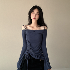 長袖Tシャツ スリーブストリングオフショルダー Steel blue
