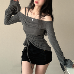 長袖Tシャツ スリーブストリングオフショルダー CHARCOAL