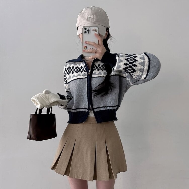 11할인 바잉 루즈핏 노르딕 배색 카라 투웨이 니트 집업 그레이