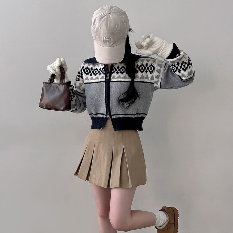 11할인 바잉 루즈핏 노르딕 배색 카라 투웨이 니트 집업 그레이