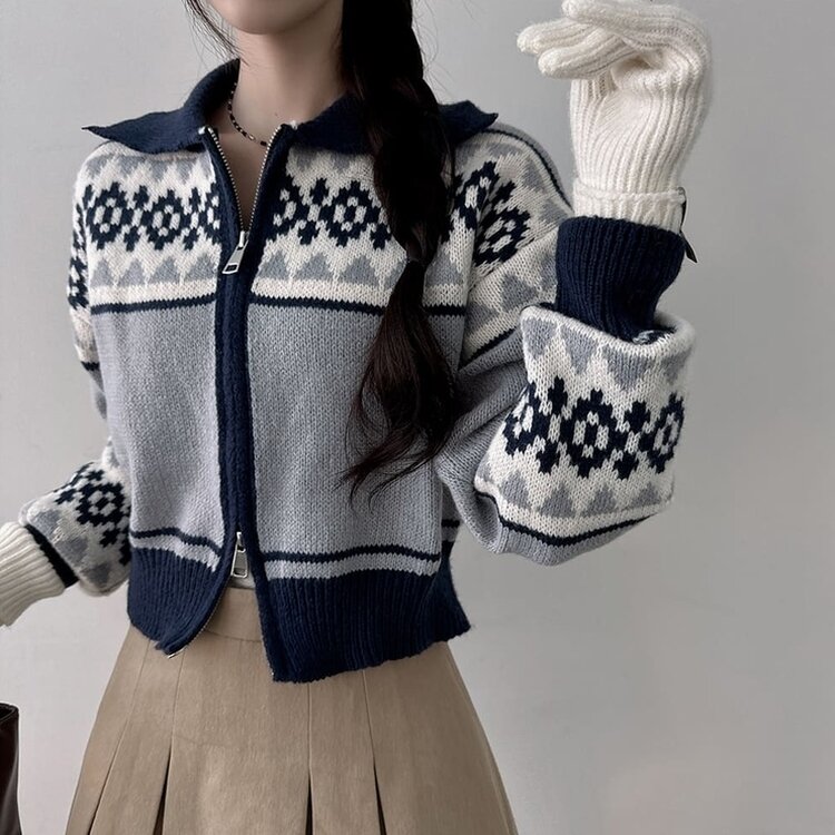 11할인 바잉 루즈핏 노르딕 배색 카라 투웨이 니트 집업 그레이