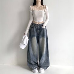 올리브 2기장 빈티지 워싱 하이웨스트 로우 사이드 핀턱 벌룬 데님 와이드 팬츠 청바지 키작녀 키큰녀 하비추천 빅사이즈 사계절팬츠 진청