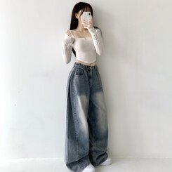 올리브 2기장 빈티지 워싱 하이웨스트 로우 사이드 핀턱 벌룬 데님 와이드 팬츠 청바지 키작녀 키큰녀 하비추천 빅사이즈 사계절팬츠 진청