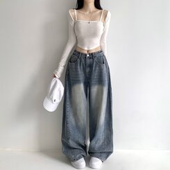 올리브 2기장 빈티지 워싱 하이웨스트 로우 사이드 핀턱 벌룬 데님 와이드 팬츠 청바지 키작녀 키큰녀 하비추천 빅사이즈 사계절팬츠 진청