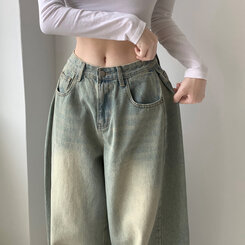올리브 2기장 빈티지 워싱 하이웨스트 로우 사이드 핀턱 벌룬 데님 와이드 팬츠 청바지 키작녀 키큰녀 하비추천 빅사이즈 사계절팬츠 옐로우