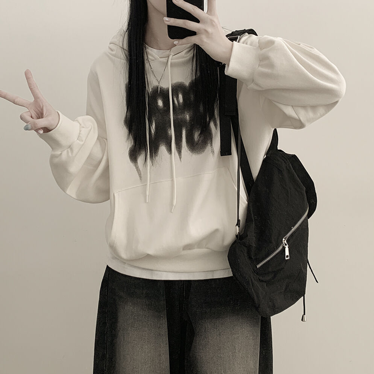 락스타 박시핏 페인팅 후드티셔츠 크림