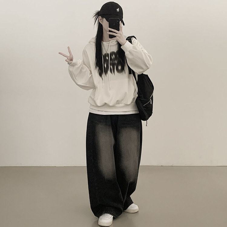 락스타 박시핏 페인팅 후드티셔츠 크림
