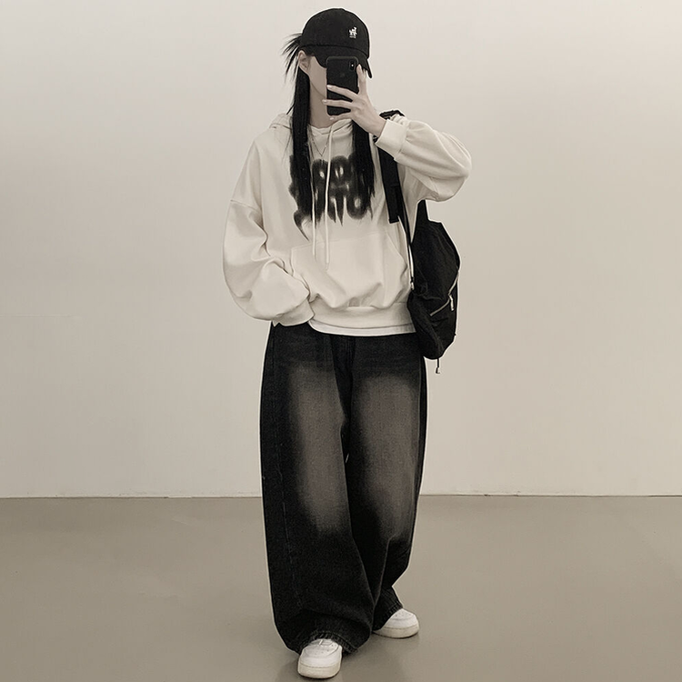 락스타 박시핏 페인팅 후드티셔츠 크림