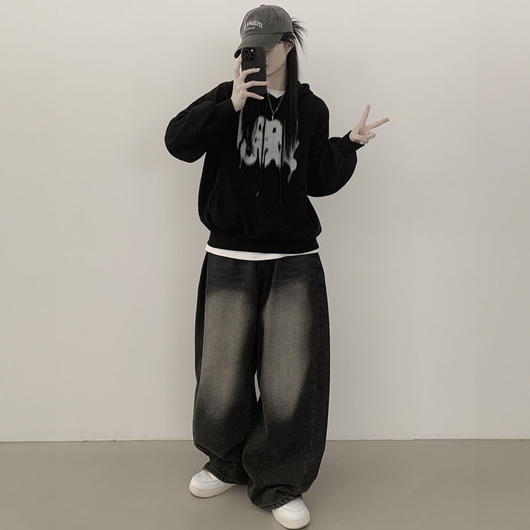 락스타 박시핏 페인팅 후드티셔츠 블랙