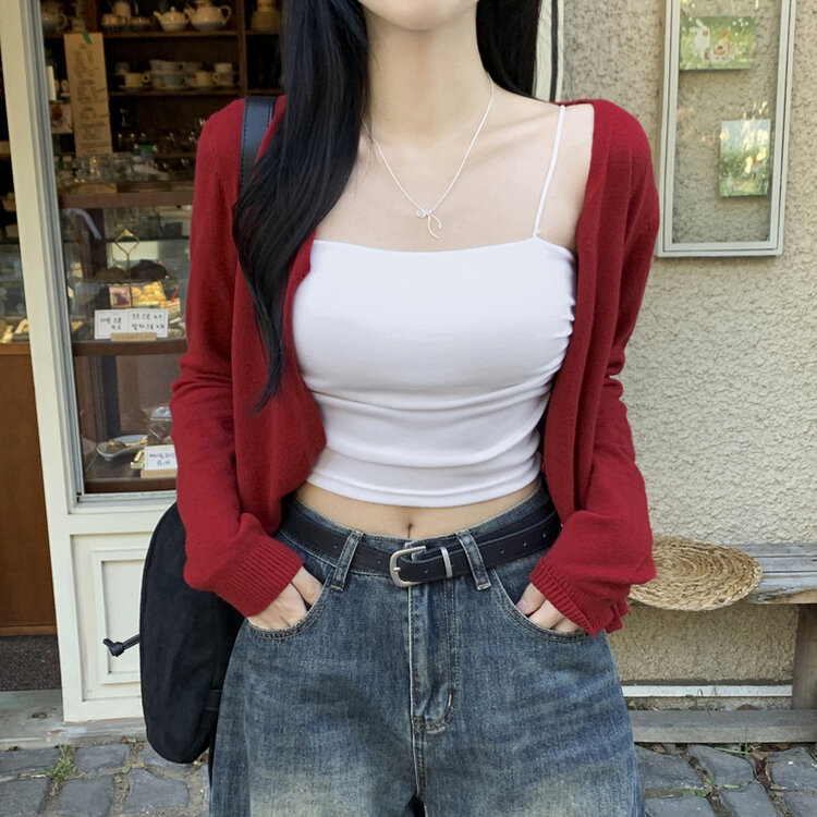 문의폭주 픽미 브이넥 꾸안꾸 여리핏 레이어드 베이직 간절기 아우터 긴팔 니트 가디건 6color 레드