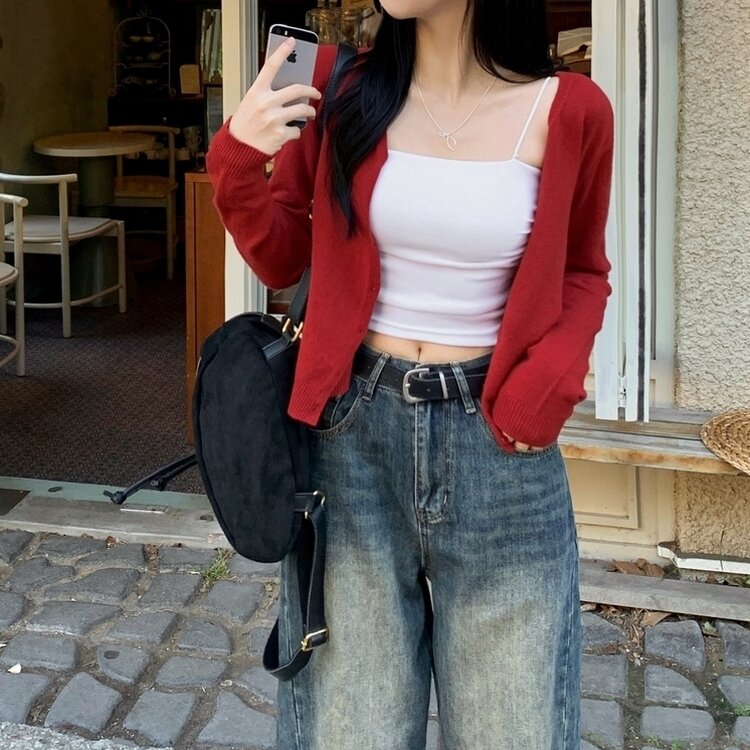 문의폭주 픽미 브이넥 꾸안꾸 여리핏 레이어드 베이직 간절기 아우터 긴팔 니트 가디건 6color 레드
