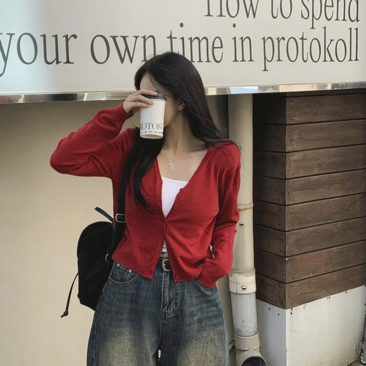 문의폭주 픽미 브이넥 꾸안꾸 여리핏 레이어드 베이직 간절기 아우터 긴팔 니트 가디건 6color 레드