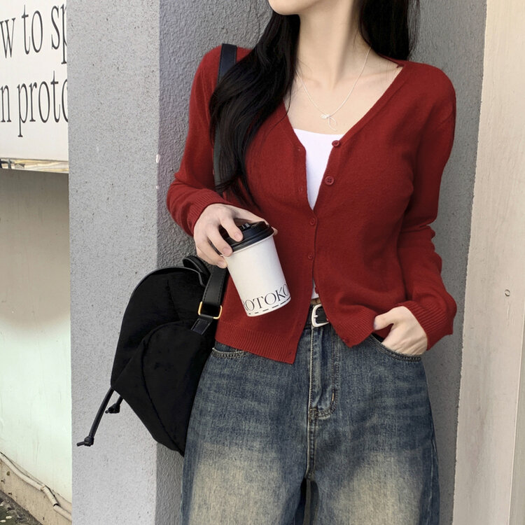 문의폭주 픽미 브이넥 꾸안꾸 여리핏 레이어드 베이직 간절기 아우터 긴팔 니트 가디건 6color 레드