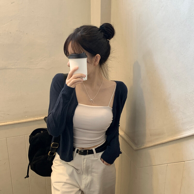 문의폭주 픽미 브이넥 꾸안꾸 여리핏 레이어드 베이직 간절기 아우터 긴팔 니트 가디건 6color 네이비