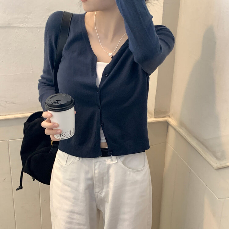 문의폭주 픽미 브이넥 꾸안꾸 여리핏 레이어드 베이직 간절기 아우터 긴팔 니트 가디건 6color 네이비