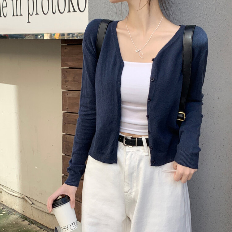 문의폭주 픽미 브이넥 꾸안꾸 여리핏 레이어드 베이직 간절기 아우터 긴팔 니트 가디건 6color 네이비