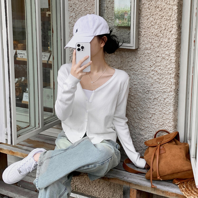 문의폭주 픽미 브이넥 꾸안꾸 여리핏 레이어드 베이직 간절기 아우터 긴팔 니트 가디건 6color 화이트