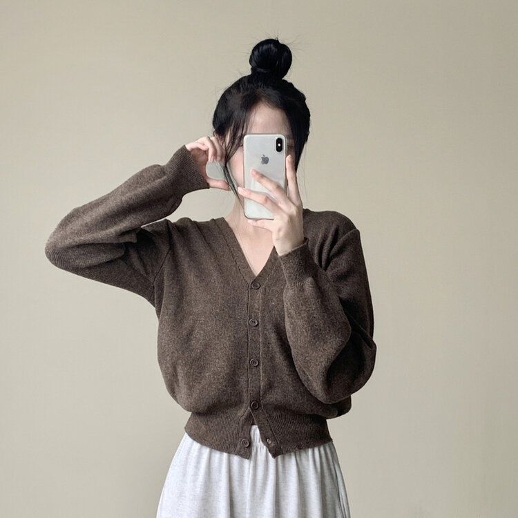머피 데일리 브이넥 무지 버튼 허리잘록 여리 니트 긴팔 가디건 브라운