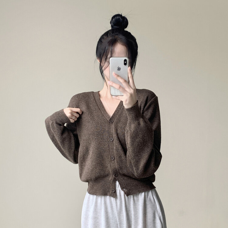 머피 데일리 브이넥 무지 버튼 허리잘록 여리 니트 긴팔 가디건 브라운