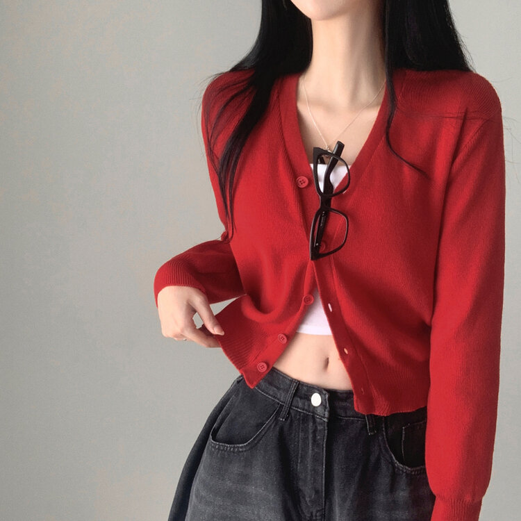 머피 데일리 브이넥 무지 버튼 허리잘록 여리 니트 긴팔 가디건 레드