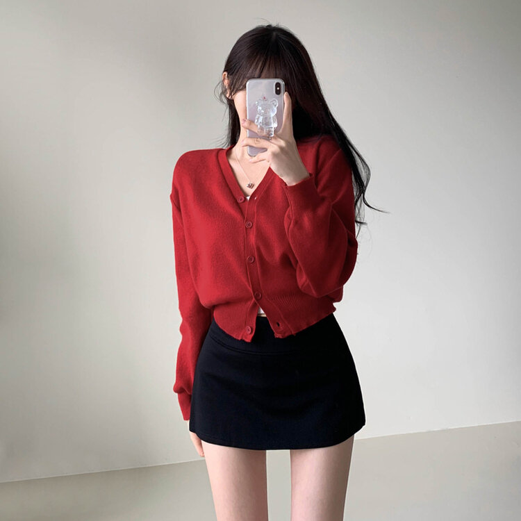 머피 데일리 브이넥 무지 버튼 허리잘록 여리 니트 긴팔 가디건 레드