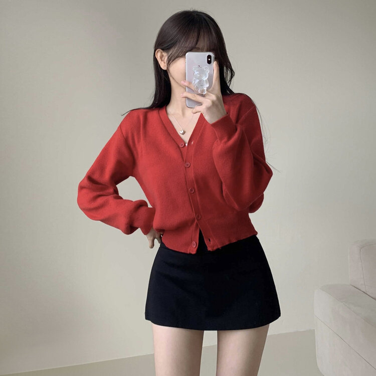 머피 데일리 브이넥 무지 버튼 허리잘록 여리 니트 긴팔 가디건 레드