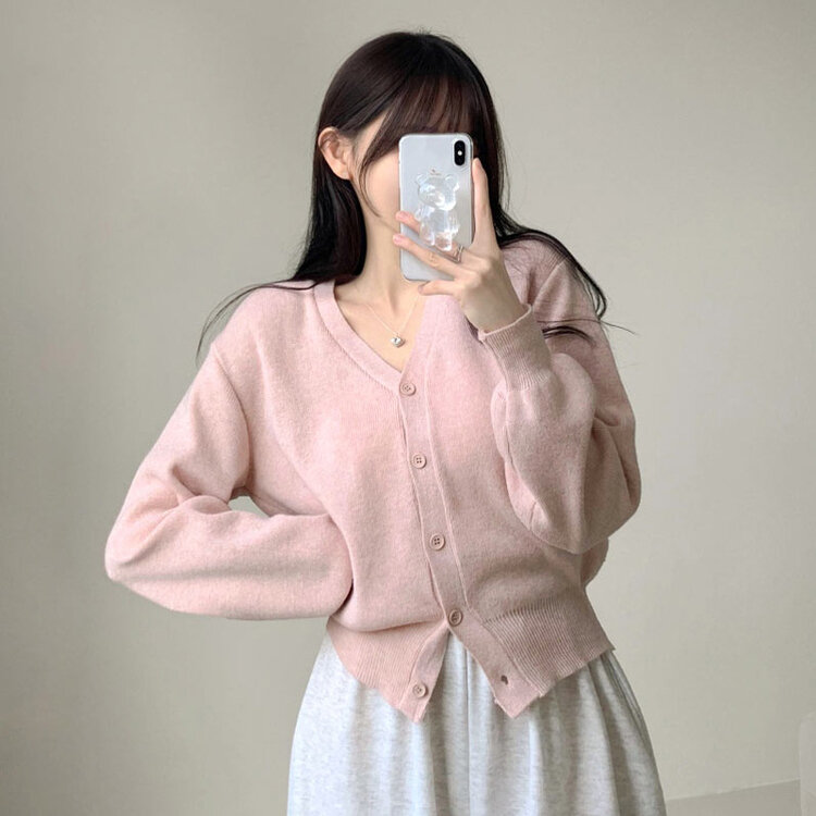 머피 데일리 브이넥 무지 버튼 허리잘록 여리 니트 긴팔 가디건 핑크