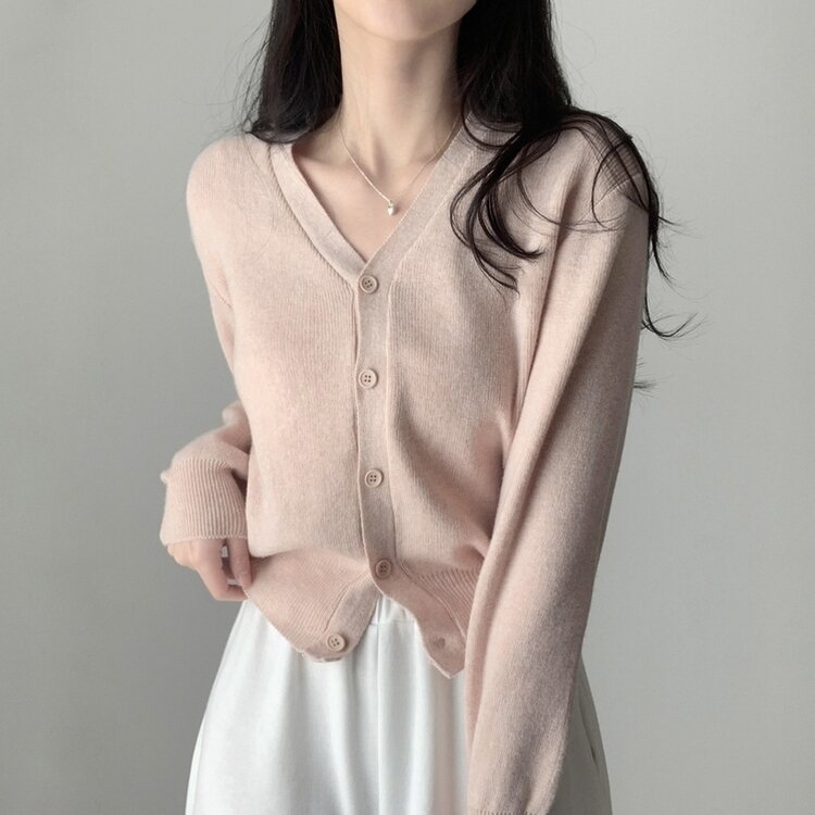 머피 데일리 브이넥 무지 버튼 허리잘록 여리 니트 긴팔 가디건 핑크