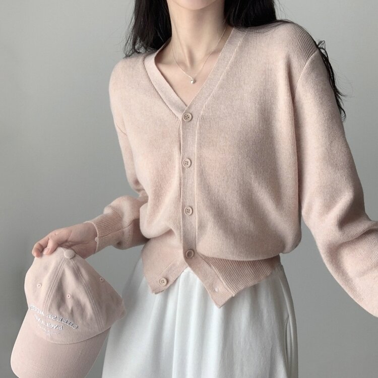 머피 데일리 브이넥 무지 버튼 허리잘록 여리 니트 긴팔 가디건 핑크