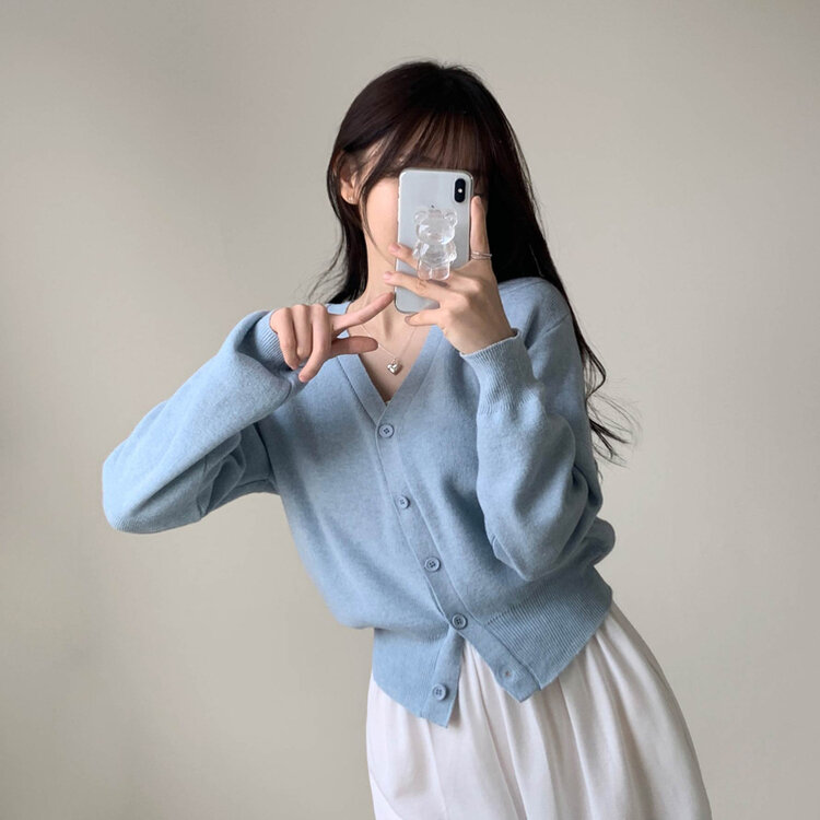 머피 데일리 브이넥 무지 버튼 허리잘록 여리 니트 긴팔 가디건 소라