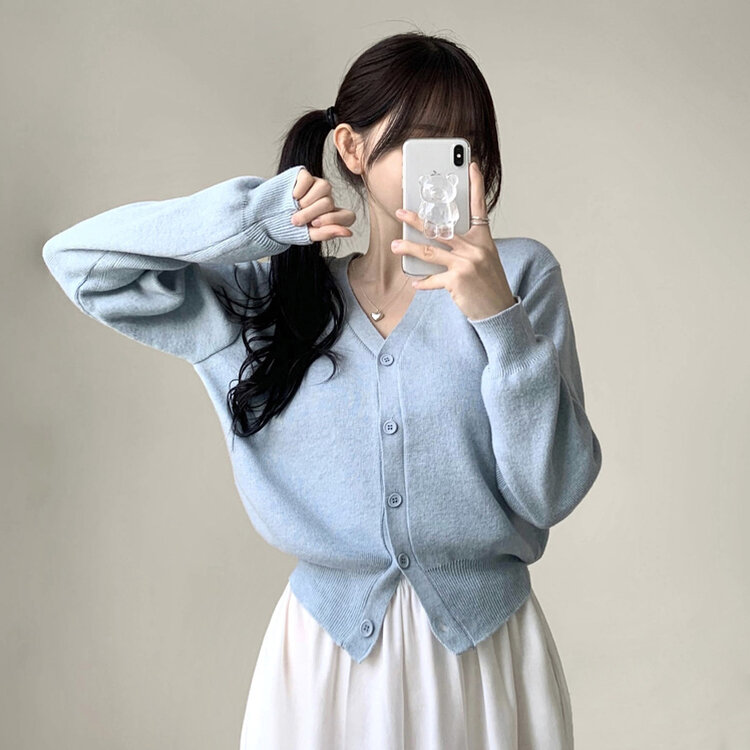머피 데일리 브이넥 무지 버튼 허리잘록 여리 니트 긴팔 가디건 소라